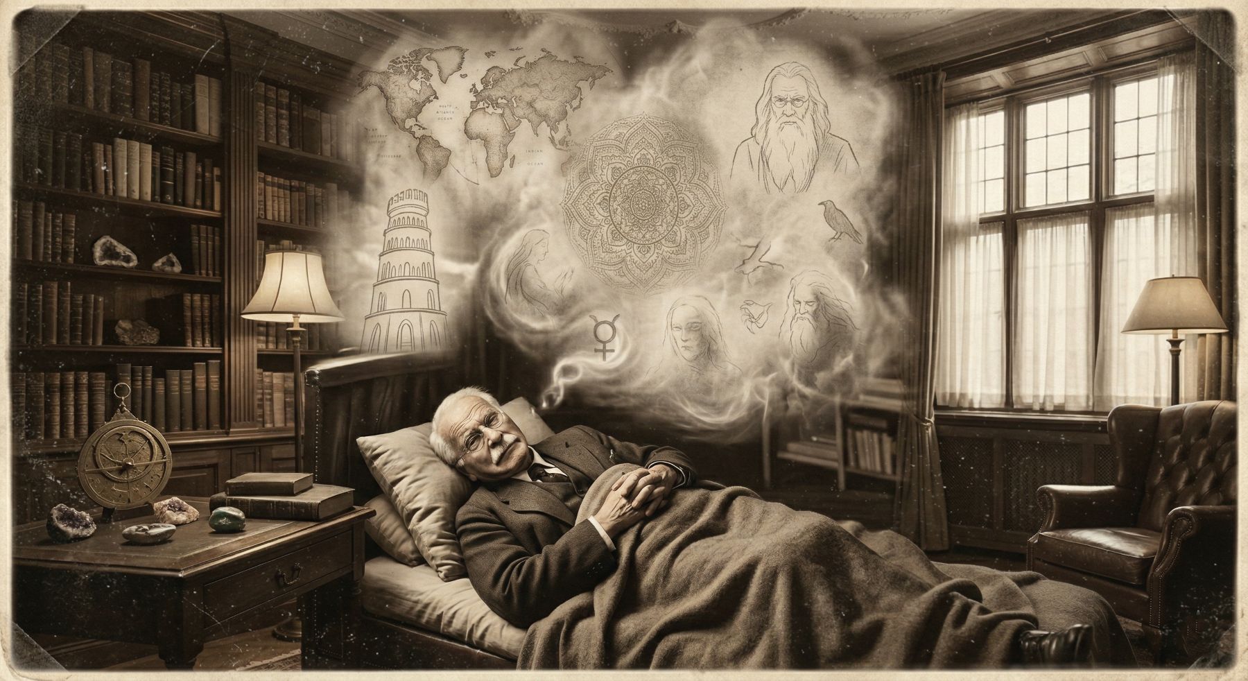 Carl Gustav Jung sonhando. Imagem feita com IA.
